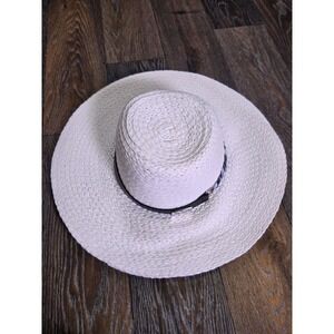 Vince Camuto Womens White Straw Wide Brim Sun Hat Black Leather Resin Chain Link